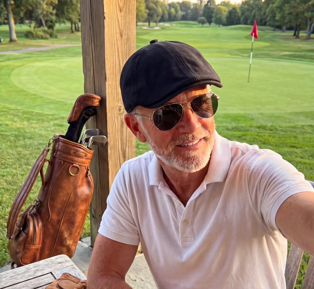 Golfer relaxing on the clubhouse deck after the round, black flat cap and aviators