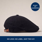Black low-crown canvas flat cap, no logo, 30-day fit guarantee