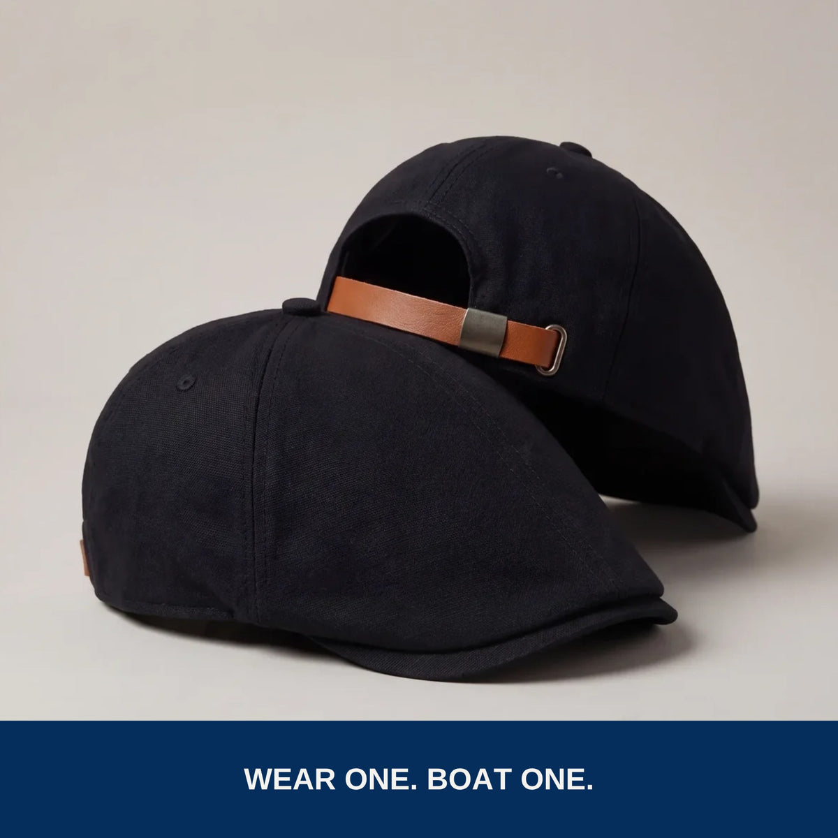 Two black flat caps. Wear one, boat one