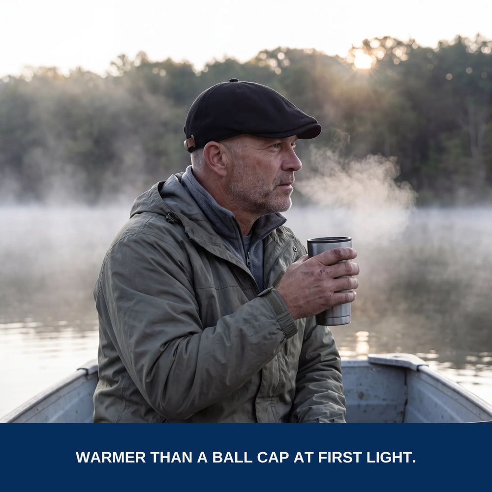 First light on the lake with coffee, black flat cap. Warmer than a ball cap