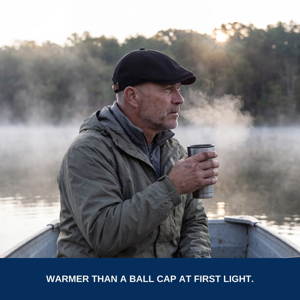 First light on the lake with coffee, black flat cap. Warmer than a ball cap