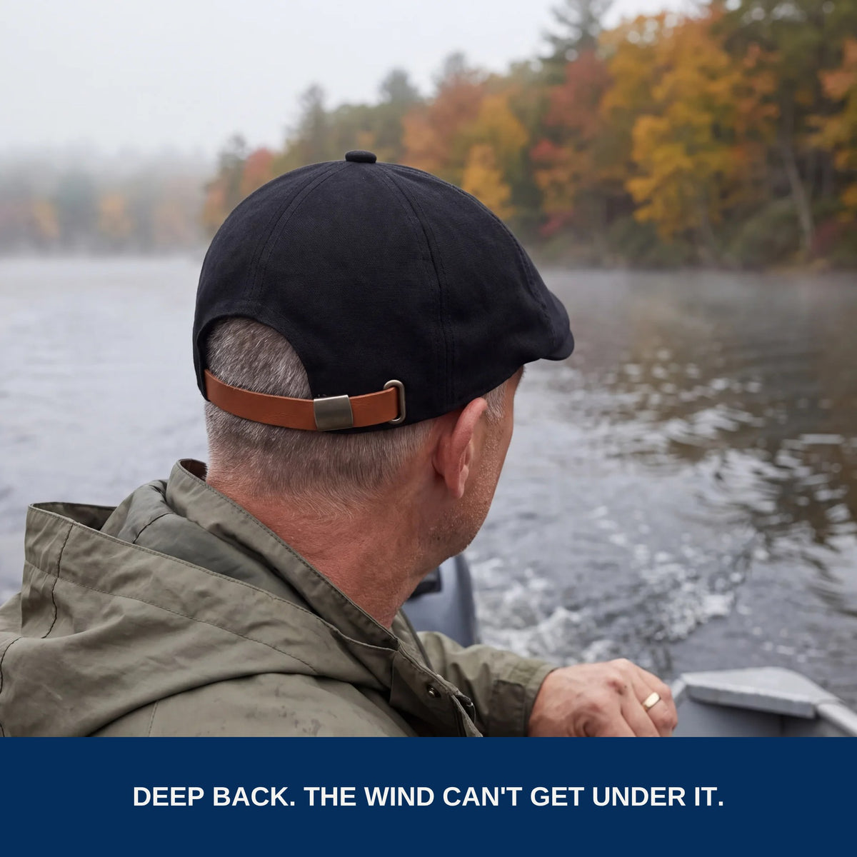Back view of the flat cap while running the boat, deep back and leather strap