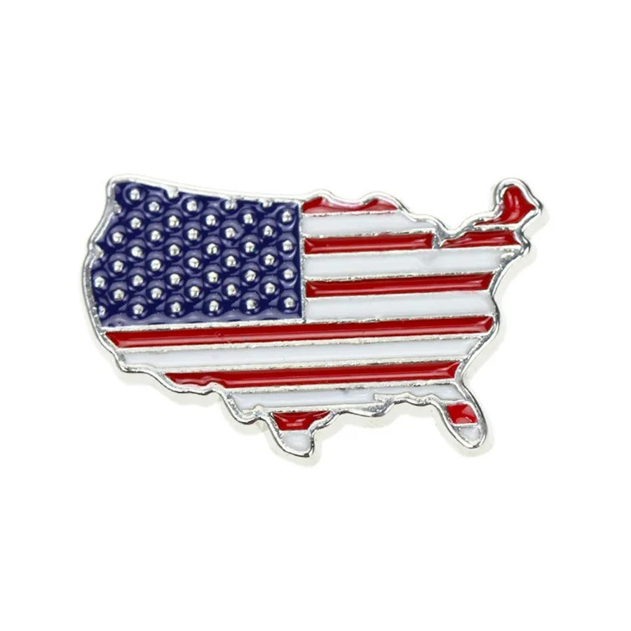 Enamel flag pin in the shape of the United States, about 1 inch wide