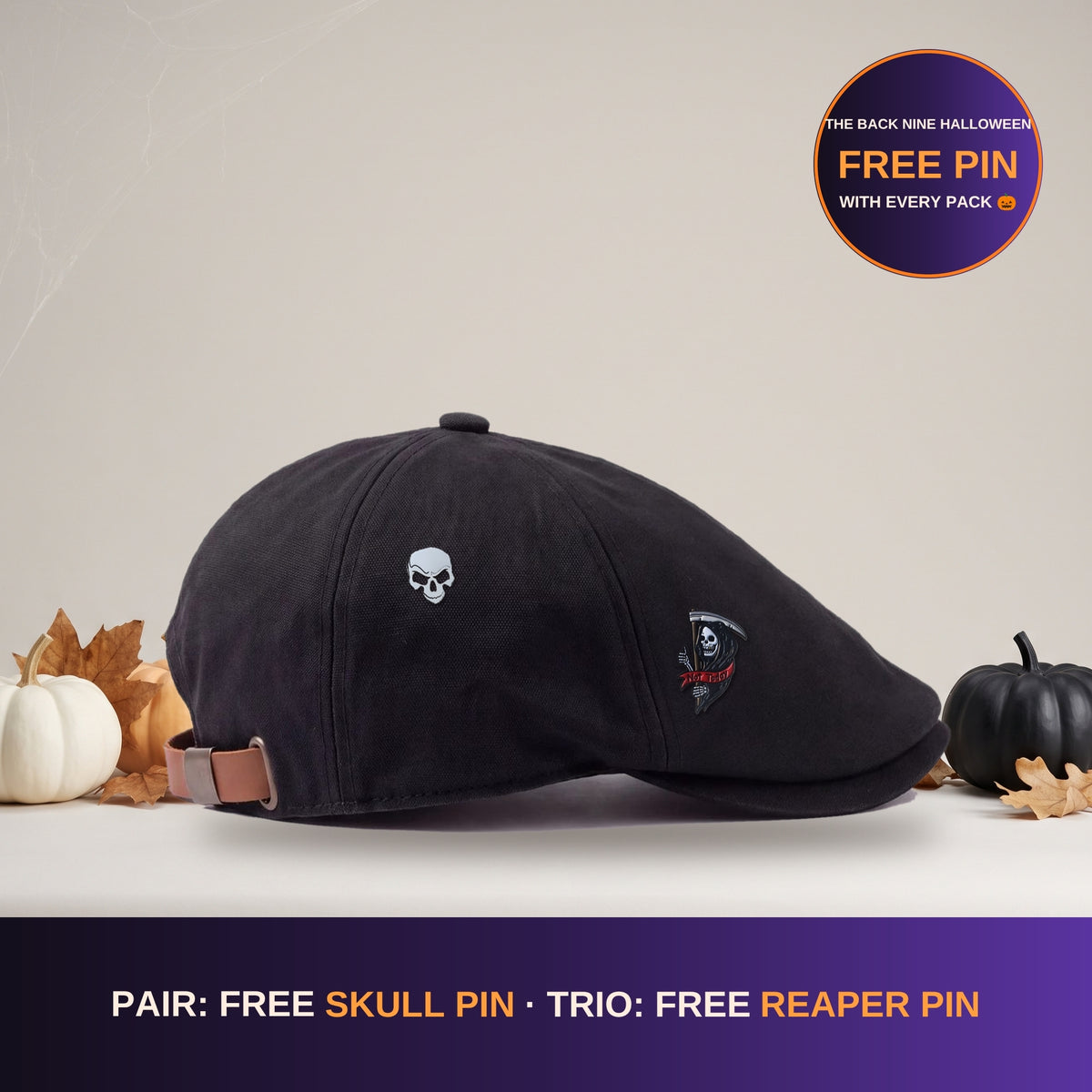 Black flat cap with Halloween skull and reaper pins. The Back Nine Halloween: free pin with every pack