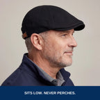 Man in his late fifties wearing the black no-logo flat cap: sits low, never perches