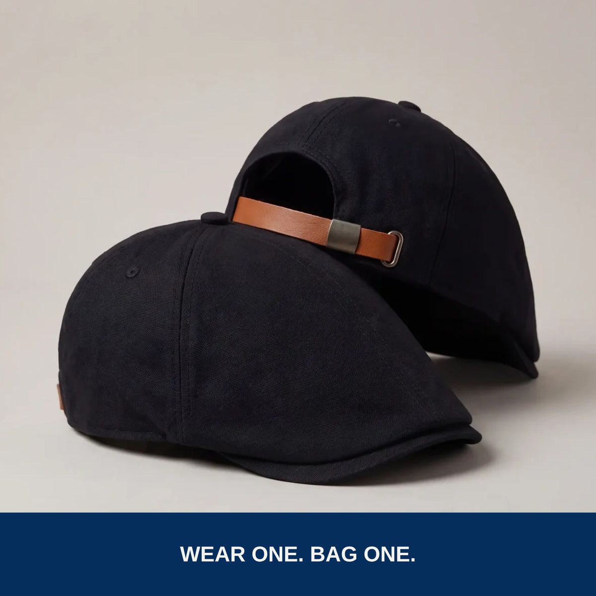Two black no-logo flat caps: wear one, bag one