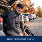 Golfer after the round at his open trunk: course to clubhouse, same cap