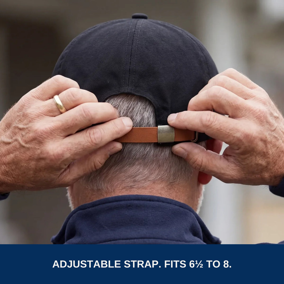 Hands adjusting the leather back strap: adjustable, fits sizes 6 1/2 to 8