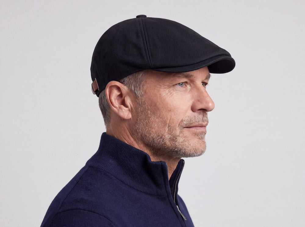 Man in a navy quarter-zip wearing the black flat cap