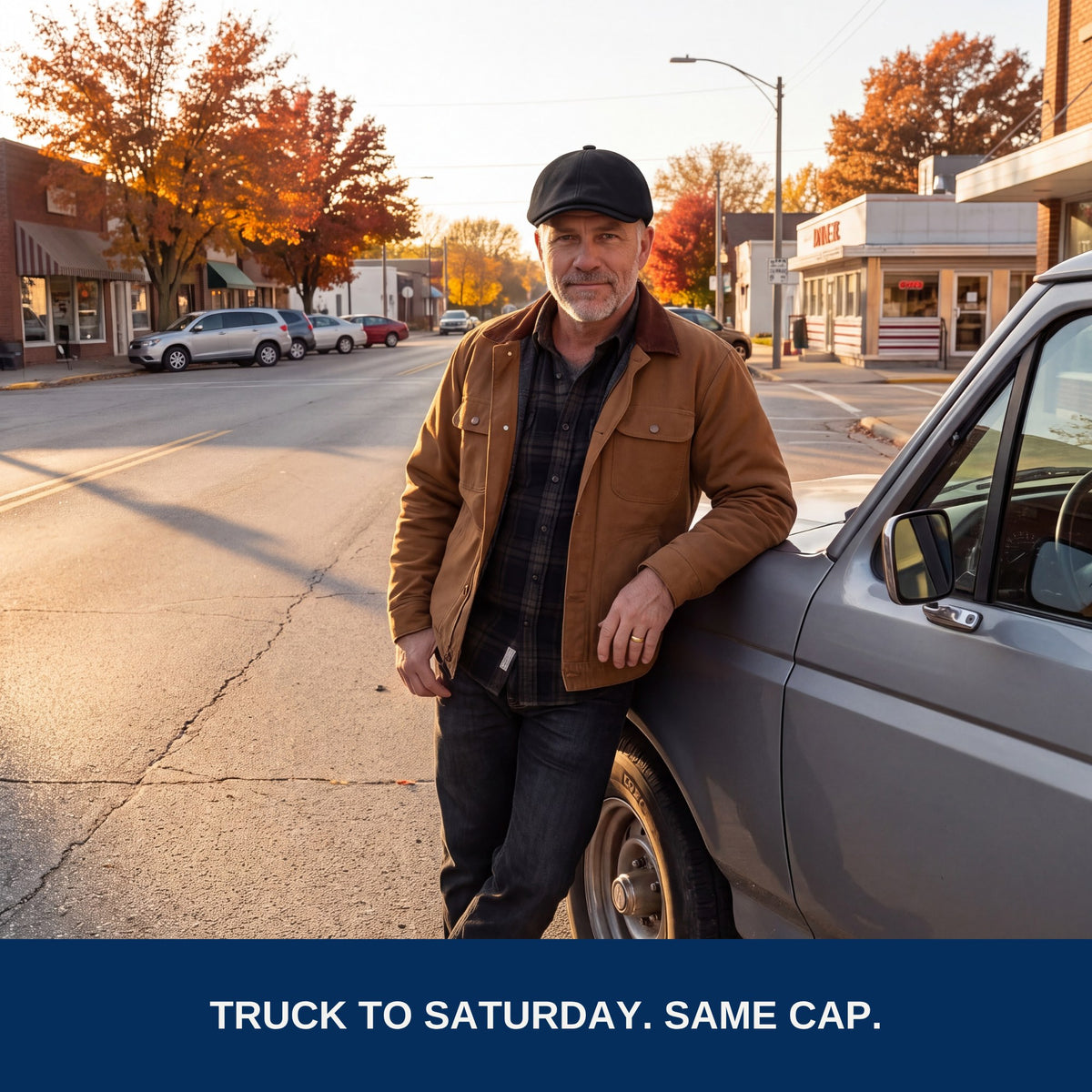 Man leaning on his truck on main street wearing the black flat cap