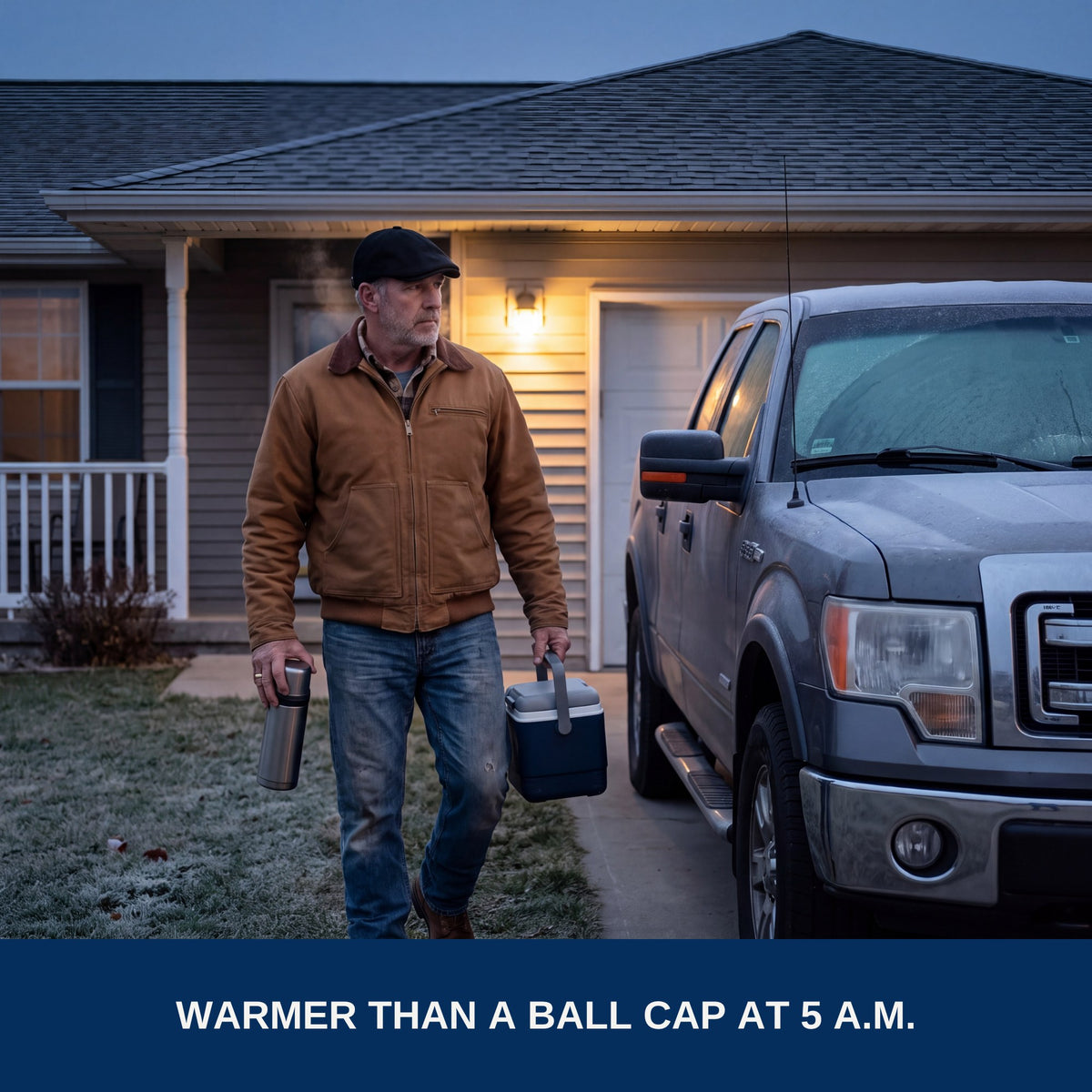 Early morning walk to the truck in the black flat cap. Warmer than a ball cap