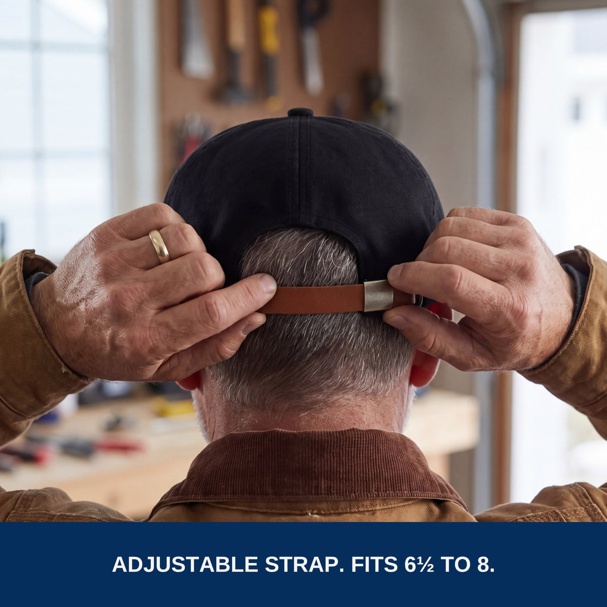 Hands adjusting the strap. Fits sizes 6 1/2 to 8