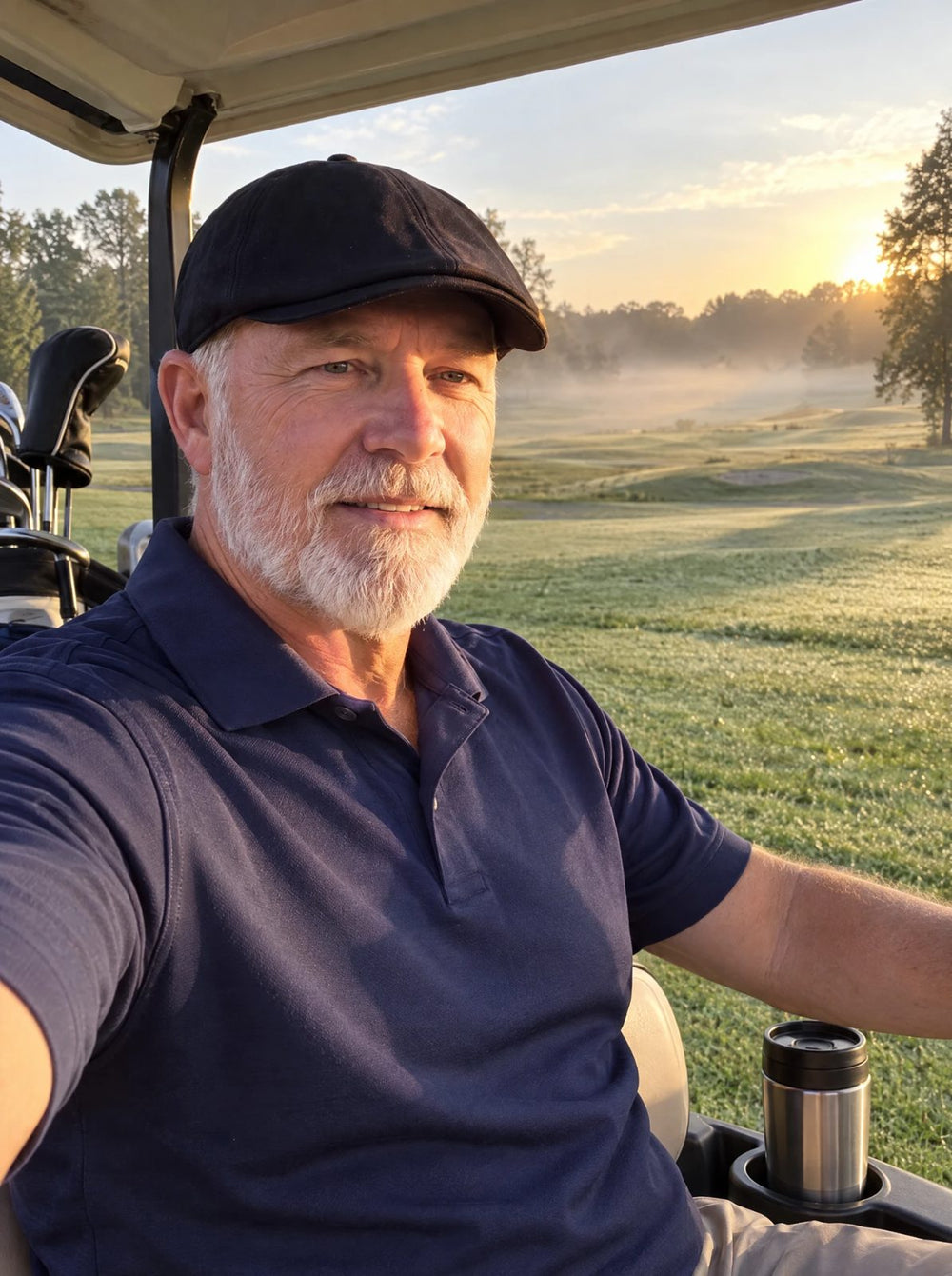 Golfer in a cart at a frosty sunrise tee time, black flat cap